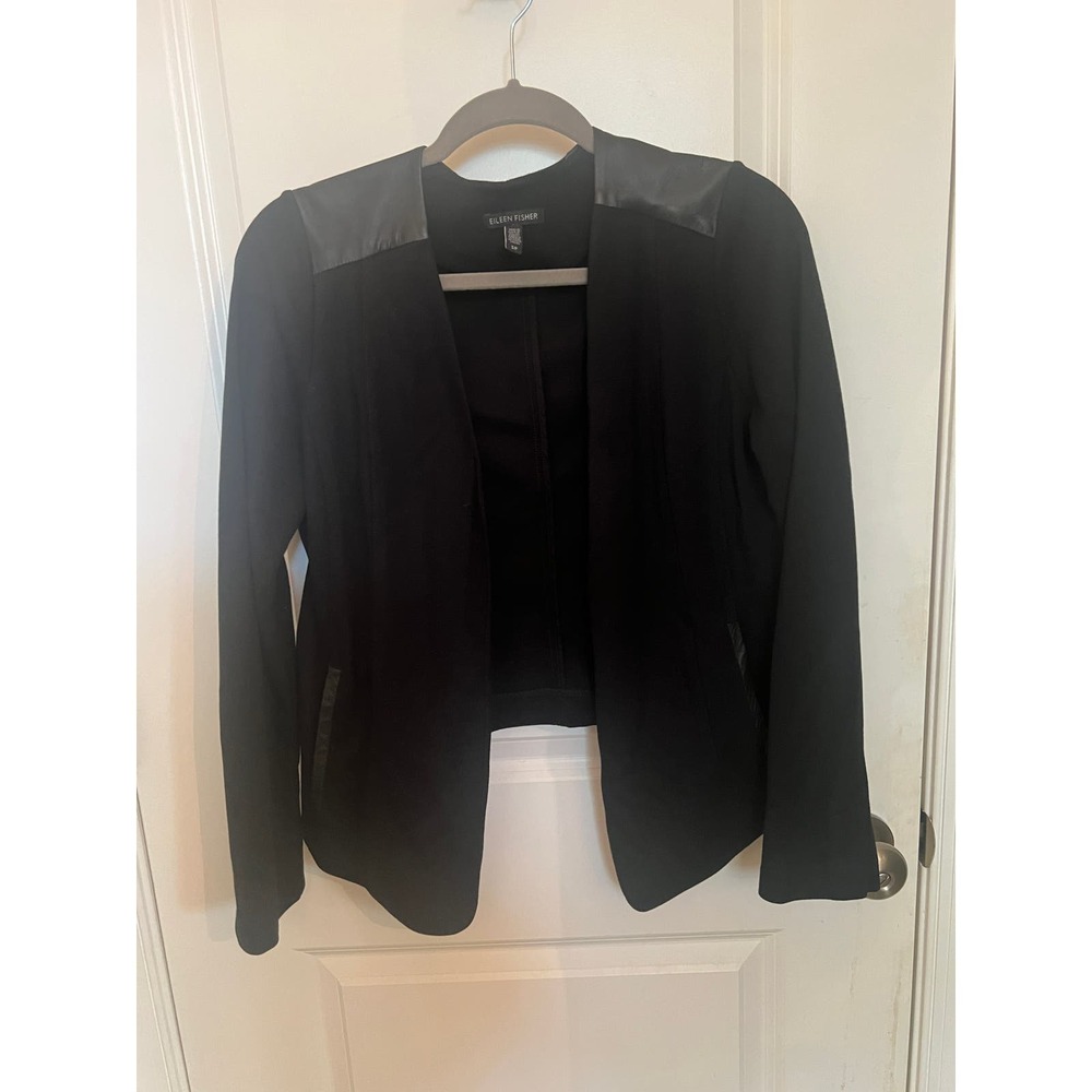 EILEEN FISHER Black Stretch Viscose Ponte Leather Trim Angle Front Jacket SIZE S